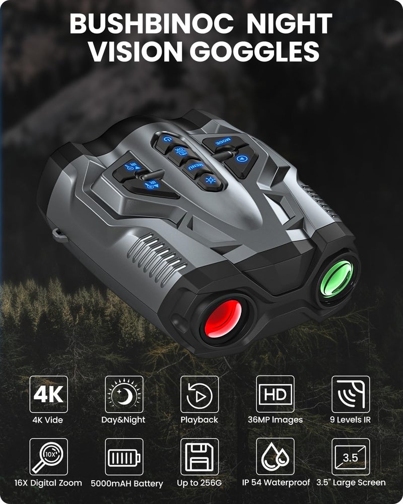 BUSHBINOC 4K Night Vision Goggles, Upgrade Night Vision Binoculars with 5000mAh Battery Rechargeable Battery - 16X Digital NightVision 9 Gear Infrared with 32GB TF Card, 3.5" HD Binoculars Gift for Men, Dad - Image 2